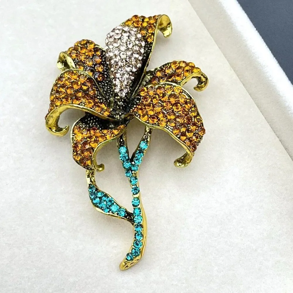 Yellow Gold with Burnt Orange and Champagne Crystal Lily Flower Pin Back Brooch